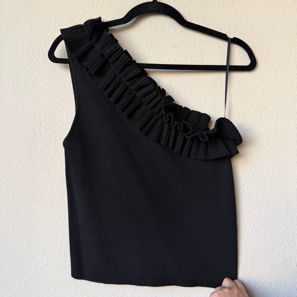 NWT NEW Milly Black One Shoulder Ruffle Top Size L